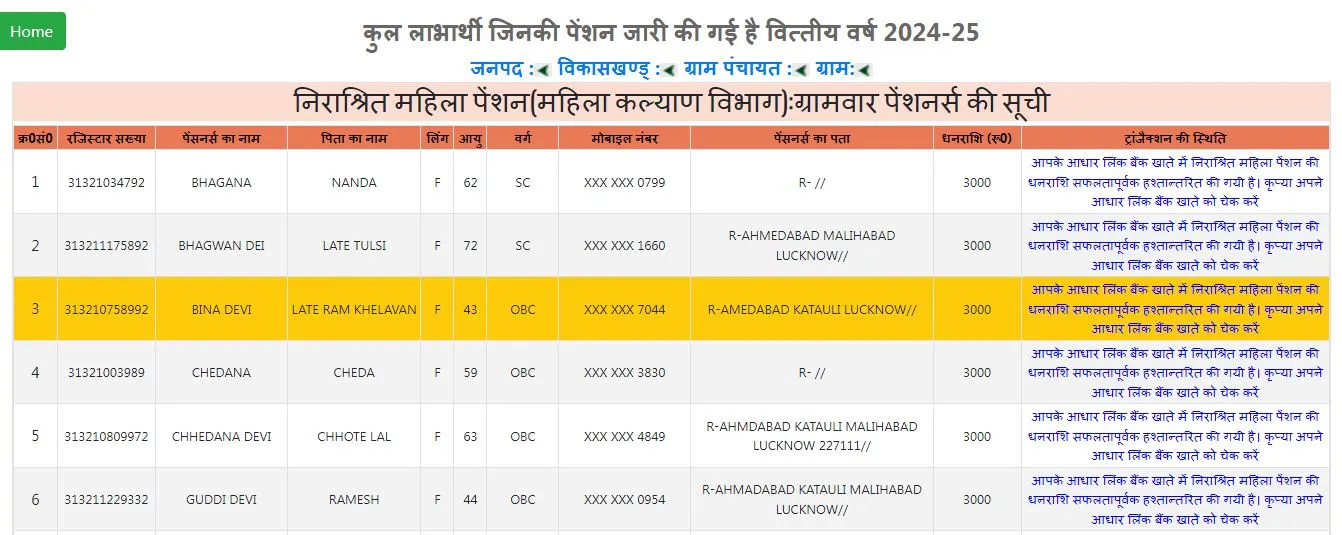 Check Vidhva pensioner List